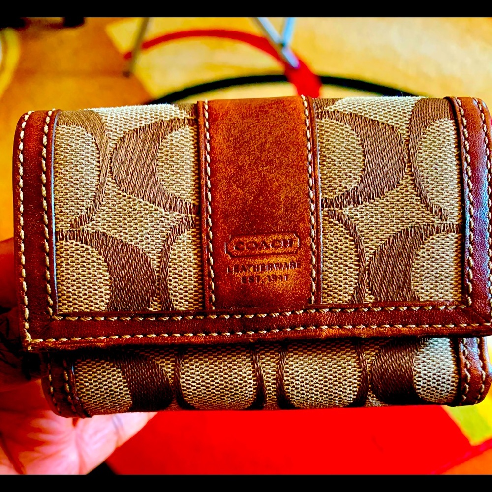 Coach Signature Women's Wallet - Cotton with Brown Leather accent and logo.